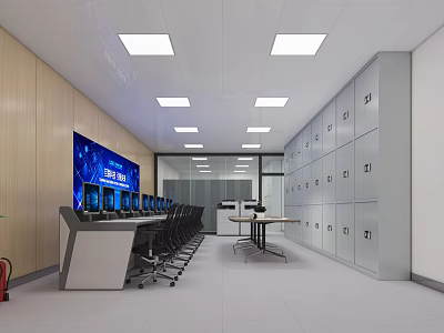 Professional Monitoring Room Interior With Large Screen Displays Control Desk Office Chairs And Lockers 3d model