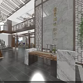 Chinese Style Lobby Interior With Wooden Staircase Traditional Chandelier And Carved Screens