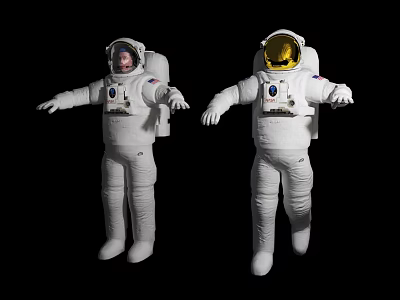 Two Men In White Astronaut Suits With Helmets Standing Against Black Background 3d model