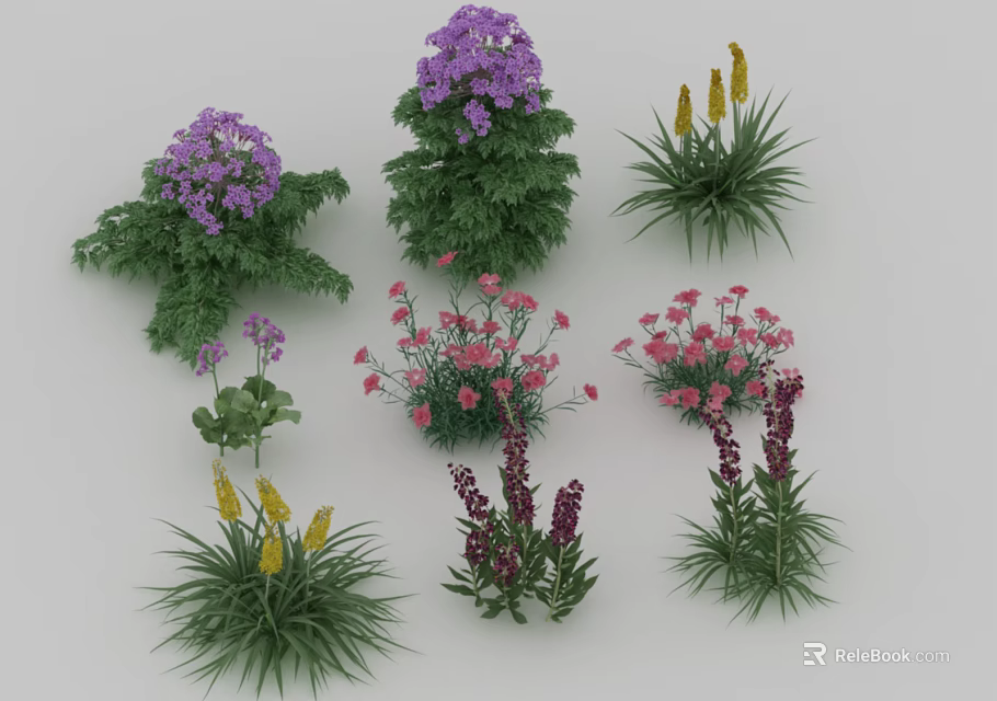 Assorted Garden Flowers And Plants With Purple Pink Yellow Blooms And Clusters 3d model 