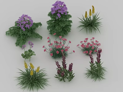 Assorted Garden Flowers And Plants With Purple Pink Yellow Blooms And Clusters 3d model