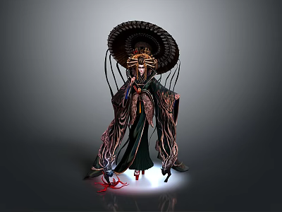 Traditional Ornate Robe Costume With Large Decorative Hat And Glowing Base 3d model