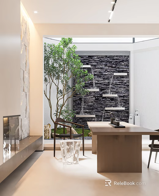 Modern Study Room With Indoor Tree Stone Wall And Desk 3d model