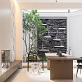Modern Study Room With Indoor Tree Stone Wall And Desk 3d model