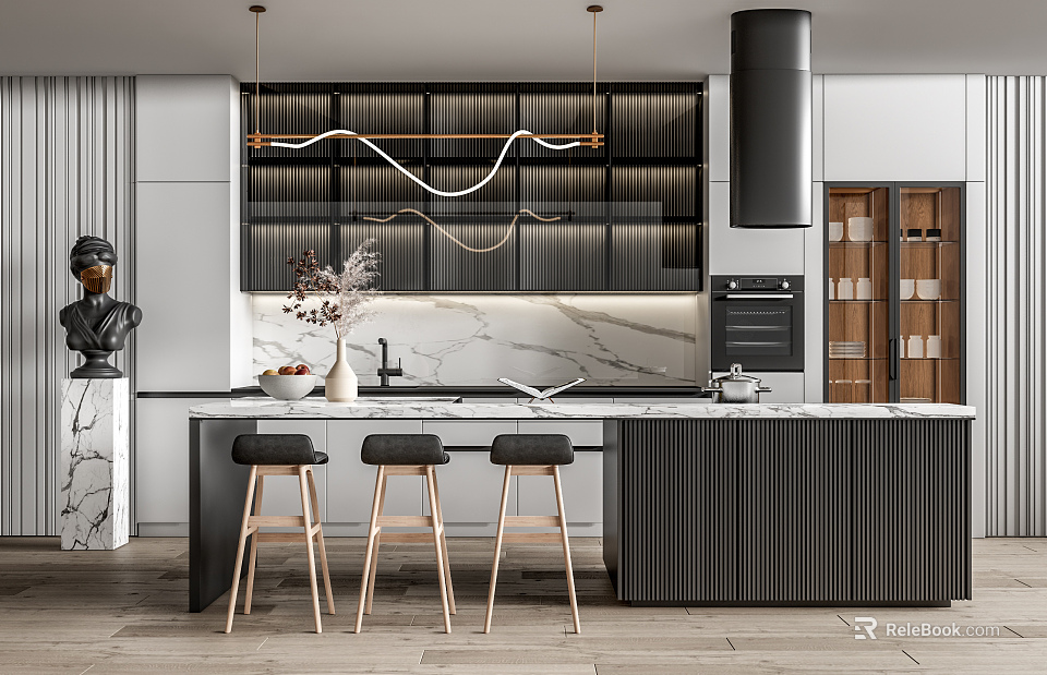 Modern Bar Counter Design With Marble Countertop Wooden Stools Hanging Lights And Cabinets 3d model 