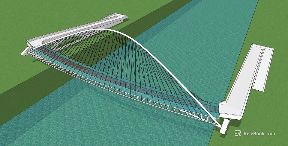 Modern Landscaping Bridge With Arch Structure Over Scenic Water And Green Surroundings 3d model 