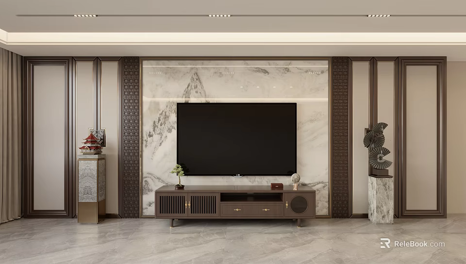 Modern Chinese Living Room Interior With Marble TV Wall Wooden TV Stand And Decorative Items 3d model 