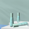 Light Blue Skincare Cosmetics With Minimalist Bottles And Soft Light Background