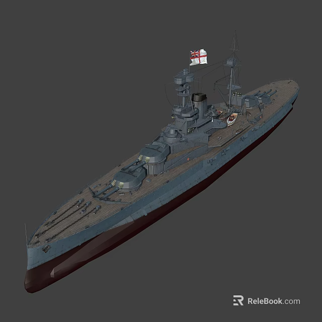 Vintage Warship Battleship 3D Render With Gray Hull British Flag And Deck Turrets 3d model 