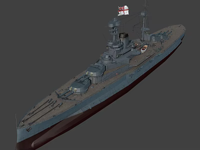Vintage Warship Battleship 3D Render With Gray Hull British Flag And Deck Turrets 3d model