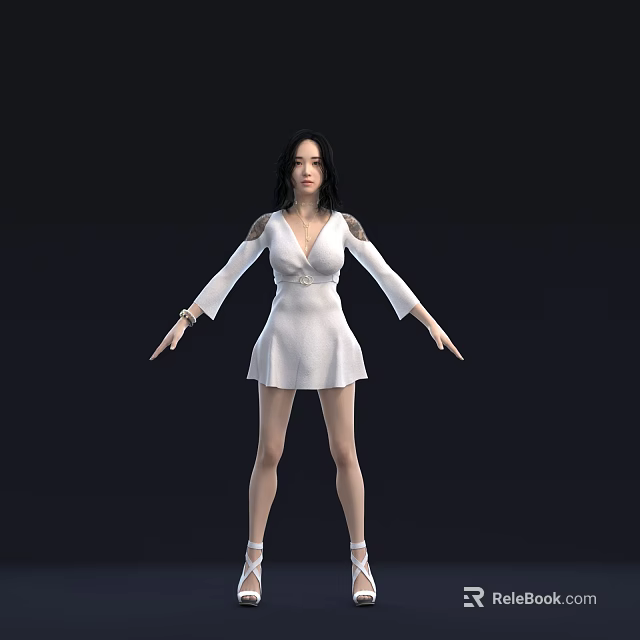 Elegant Woman In White Dress With Long Black Hair And Arms Outstretched Against Dark Background 3d model 