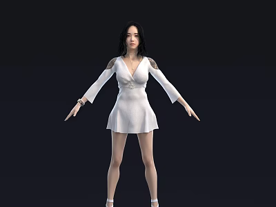Elegant Woman In White Dress With Long Black Hair And Arms Outstretched Against Dark Background 3d model