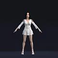 Elegant Woman In White Dress With Long Black Hair And Arms Outstretched Against Dark Background