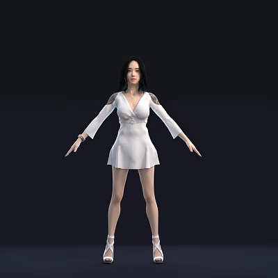 Elegant Woman In White Dress With Long Black Hair And Arms Outstretched Against Dark Background 3d model