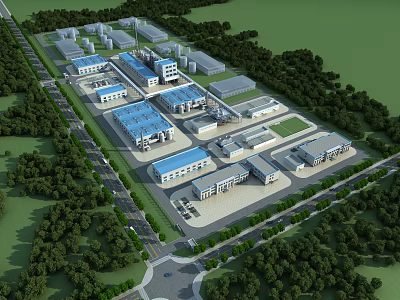 Industrial Plant Aerial View Building Complex With Blue Roofs Greenery Roads and Facilities 3d model