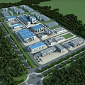 Industrial Plant Aerial View Building Complex With Blue Roofs Greenery Roads and Facilities