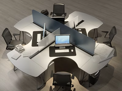 Modern Office Desk With Dividers Computer Monitor Office Chairs And Documents 3d model