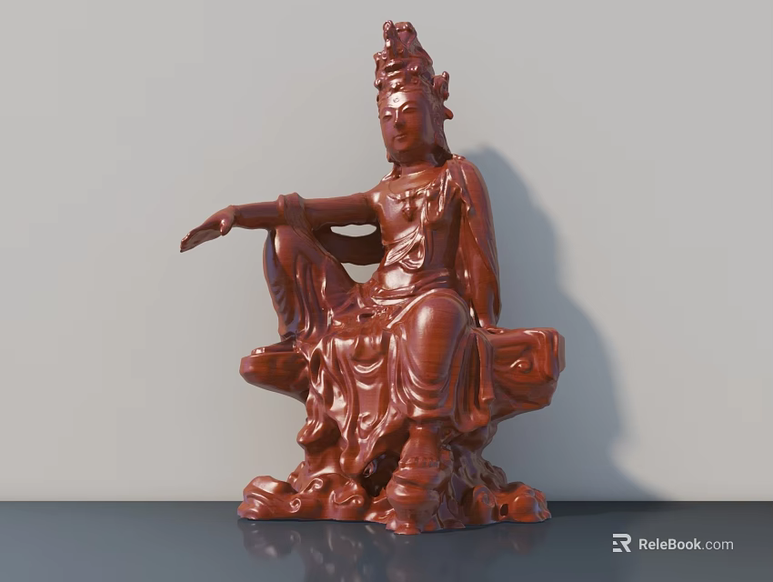 Exquisite Wooden Carving Guanyin Statue In Sitting Posture With Outstretched Right Hand And Intricate Robe 3d model 