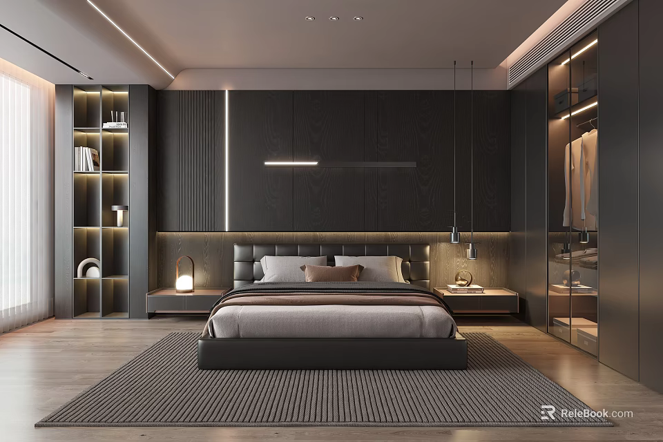 Modern Bedroom Interior With Dark Walls Large Bed Nightstands Pendant Lights Bookshelf And Wardrobe 3d model 
