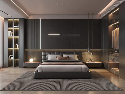 Modern Bedroom Interior With Dark Walls Large Bed Nightstands Pendant Lights Bookshelf And Wardrobe 3d model