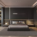 Modern Bedroom Interior With Dark Walls Large Bed Nightstands Pendant Lights Bookshelf And Wardrobe