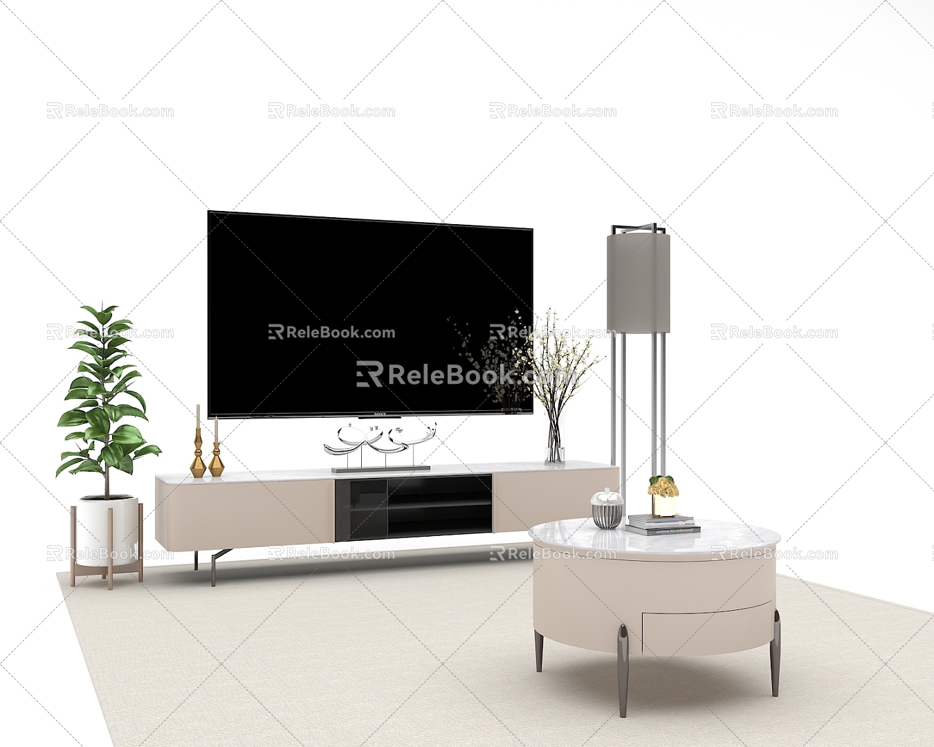 Modern Simple Round Table TV Cabinet Living Room Furniture Combination Beige 3d model