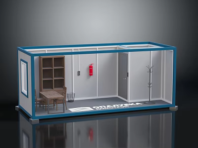 Container Interior Scene With Shelf Table Chairs Fire Extinguisher And Coat Rack 3d model