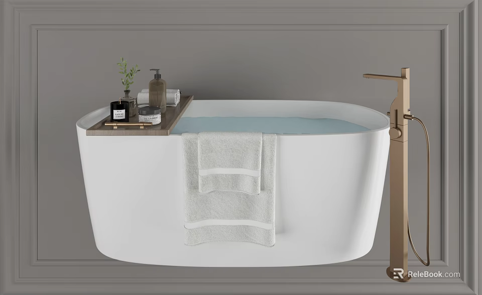 Modern White Bathtub With Side Ledge Bath Products Small Plant And Hanging Towel Gold Faucet 3d model 