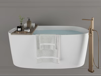 Modern White Bathtub With Side Ledge Bath Products Small Plant And Hanging Towel Gold Faucet 3d model