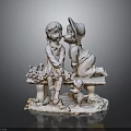 Adorable Garden Statue With Two Kids Sitting On Bench And Little Puppy