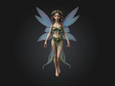 3D Rendering of Fantasy Fairy Character with Blue Wings and Green Dress 3d model