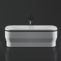 Modern Freestanding White Bathtub with Black Faucet and Brown Trim Sleek Contemporary Design