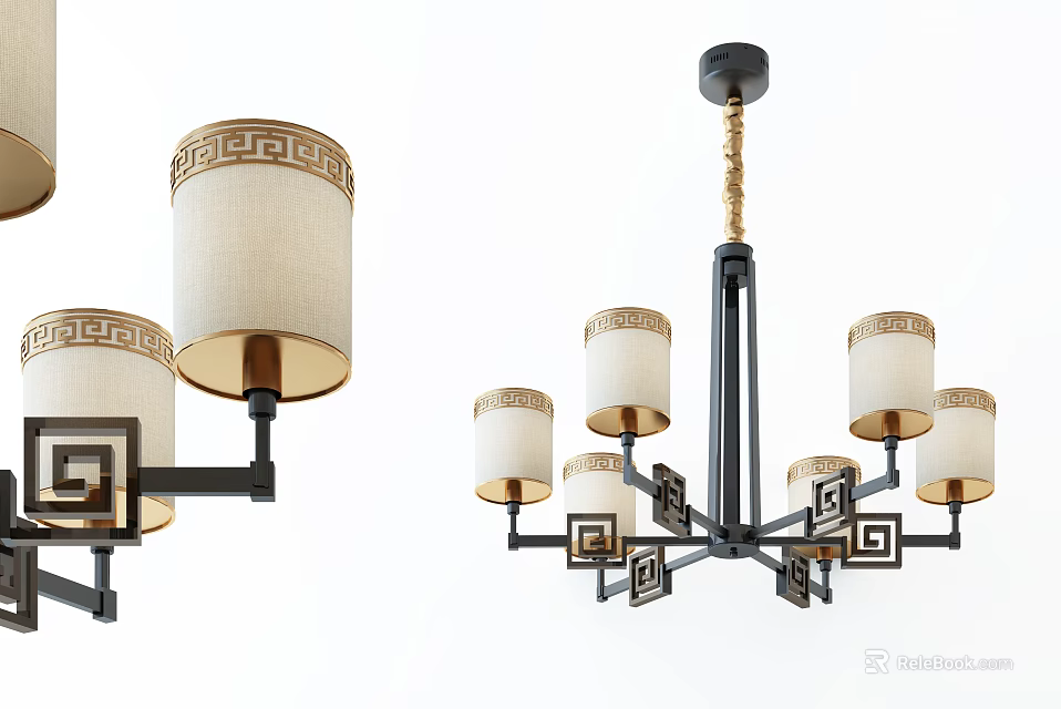 Classic Traditional Chandelier Design With Greek Key Pattern Fabric Shades And Metal Frame 3d model 