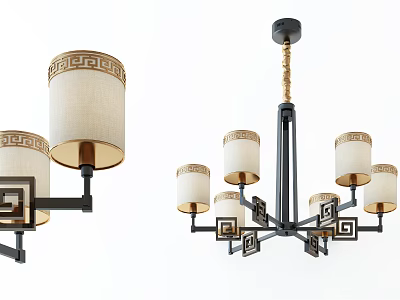 Classic Traditional Chandelier Design With Greek Key Pattern Fabric Shades And Metal Frame 3d model