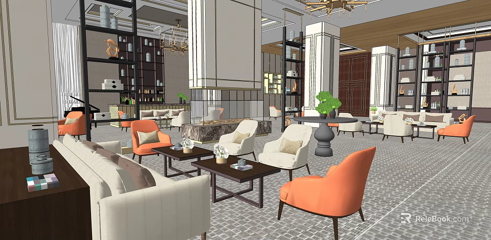 Elegant Hotel Lobby Interior Design With Sofas Chandeliers Fireplace And Green Plants 3d model 