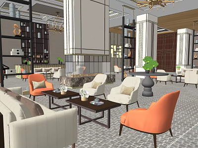 Elegant Hotel Lobby Interior Design With Sofas Chandeliers Fireplace And Green Plants 3d model