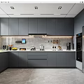 Spacious Modern Kitchen Interior Design With Gray Cabinets Countertop Appliances And Lighting