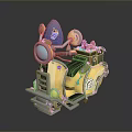 Cartoon Style Yellow Motorcycle With Round Headlight Purple Decorations Vines And Flowers