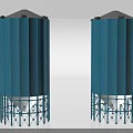 Industrial Silos With Blue Exterior And Conical Tops On Metal Support Structures