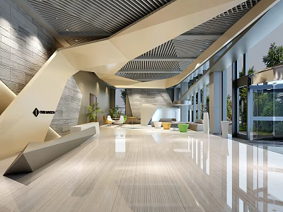 Modern Lobby Front Desk Area With Geometric Ceiling Polished Floor And Green Plants 3d model