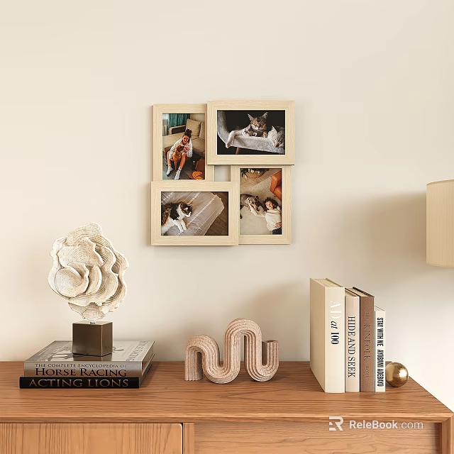 Multiple Photo Frames Arranged On Wall With Wooden Shelf And Decorative Objects 3d model