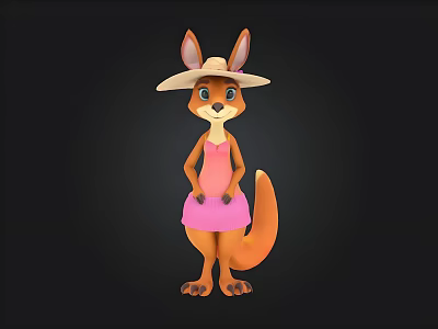 Cartoon Kangaroo Character Wearing Pink Dress And Wide Brim Hat Standing 3d model