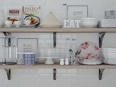 Modern Kitchenware Collection on Wooden Shelves with Cookbooks White Bowls Plates and Floral Bowls 3d model
