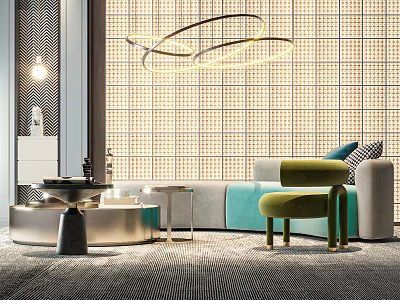 Modern Turquoise Sofa Coffee Table Combination With Green Ottoman And Geometric Wall Design 3d model