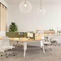 Modern Office Desk Setup With Spacious Workspace Office Chairs Dividers Potted Plant And Pendant Lights