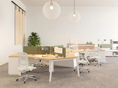 Modern Office Desk Setup With Spacious Workspace Office Chairs Dividers Potted Plant And Pendant Lights 3d model