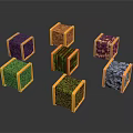 Cubes With Orange Borders Featuring Various Textures Like Grass Stone Brick And Dirt 3d model