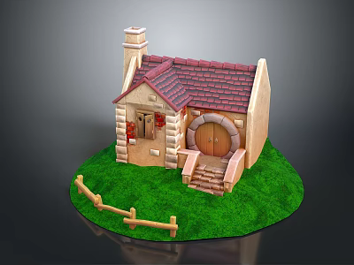 Cute Model House With Red Tiled Roof Chimney Arched Door Wooden Fence On Green Grass 3d model