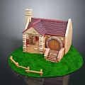 Cute Model House With Red Tiled Roof Chimney Arched Door Wooden Fence On Green Grass
