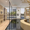 Modern Shopping Mall Store Interior With Wooden Shelves Central Circular Structure And Mirrored Floor